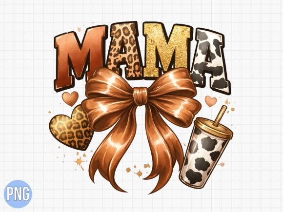 Leopard Bow Mama Coffee Cow Print PNG